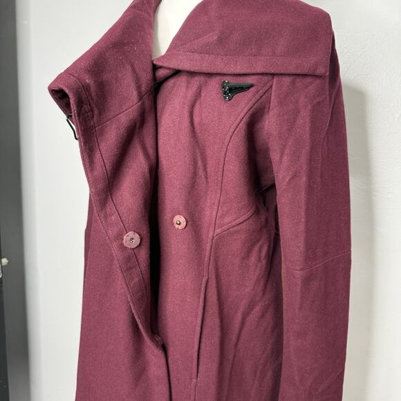 Sam Edelman Burgundy Wool Blend Asymmetrical Wrap Coat Women’s Large - Picture 3 of 9